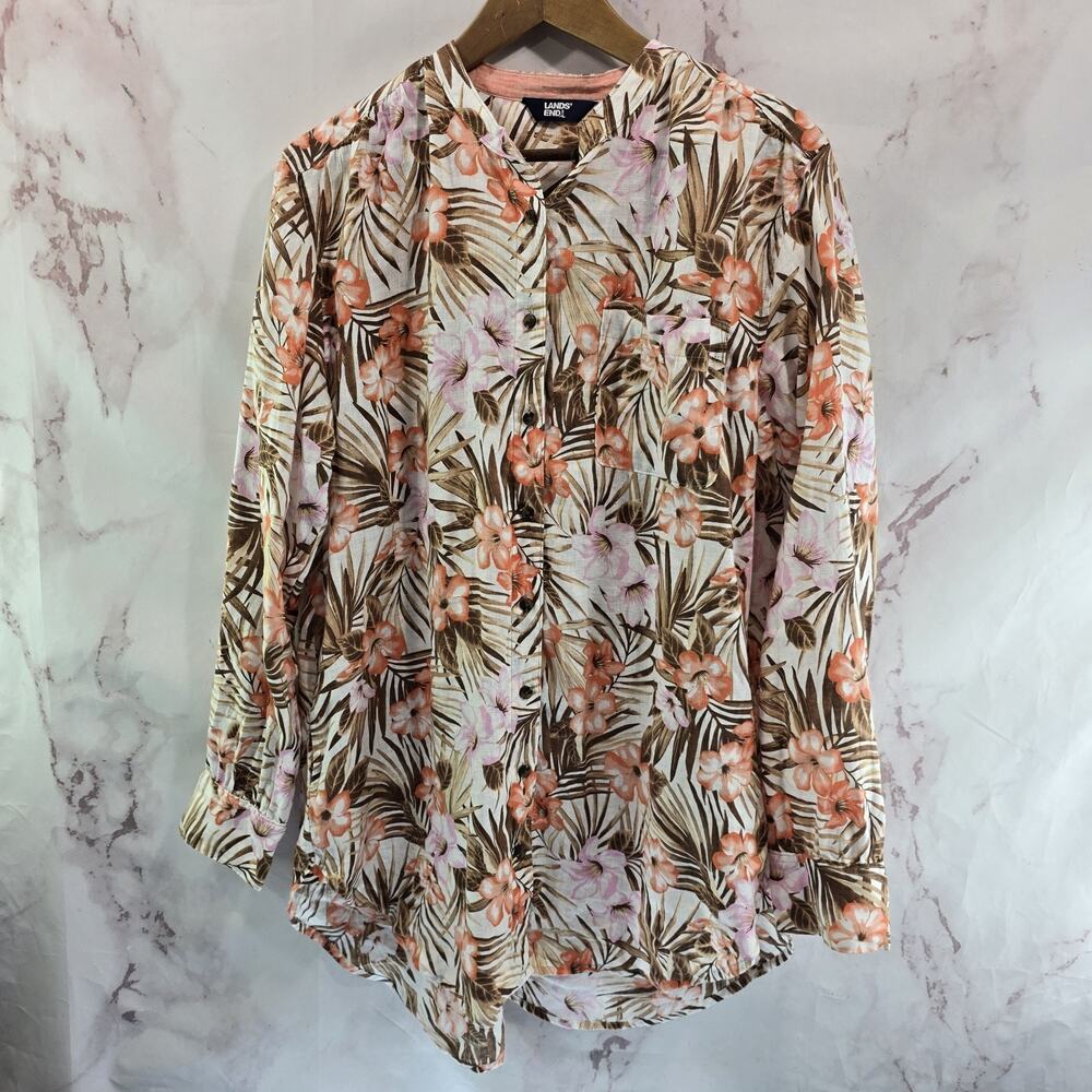 Lands End Shirt Womens Large Beige Pink Linen Long Sleeve Mandarin Button